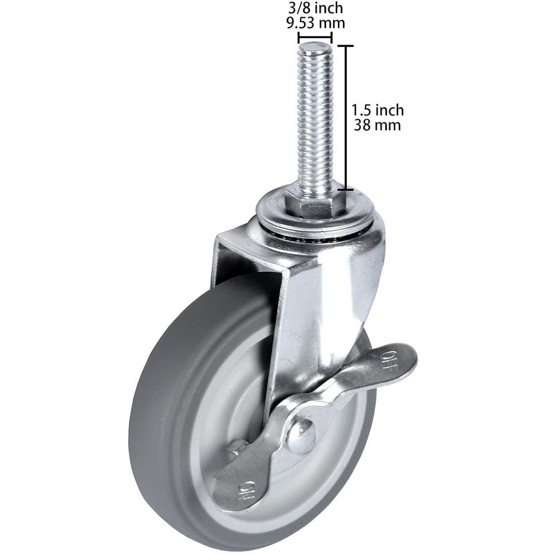 Finnhomy Caster Wheels 3 Inch Set of 4 Heavy Duty Threaded Stem Casters 3/8"-16x1-1/2 Swivel Rubber Industrial Castors Locking Wheels for Wire Shelving/Furniture/Carts Load Bearing 720 Lbs Gray - Image 2